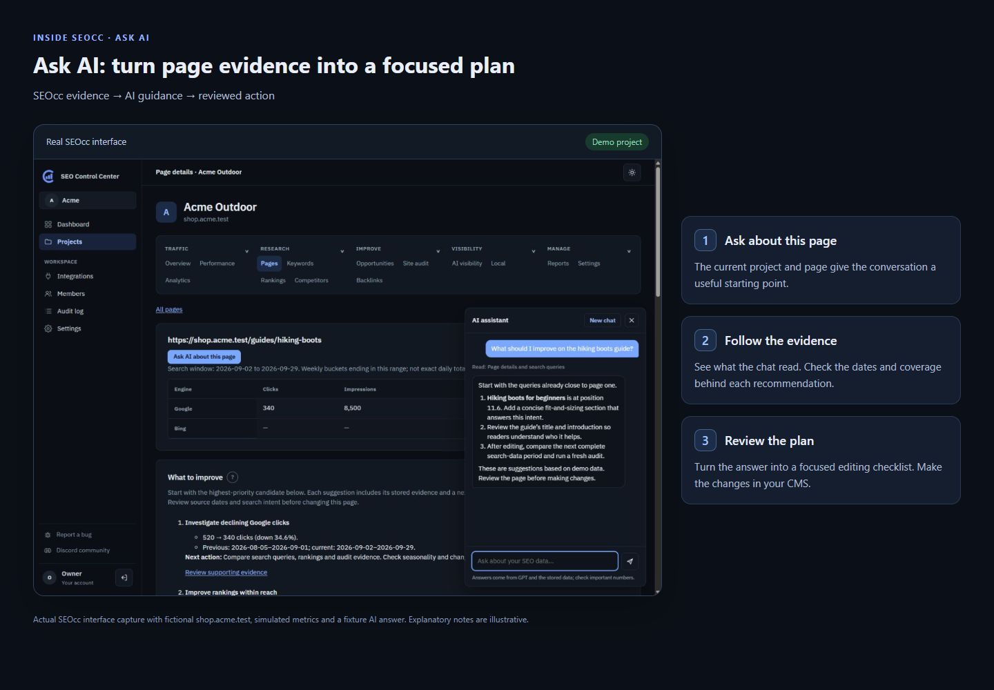 Ask AI explained with a real SEOcc chat screenshot and numbered workflow notes
