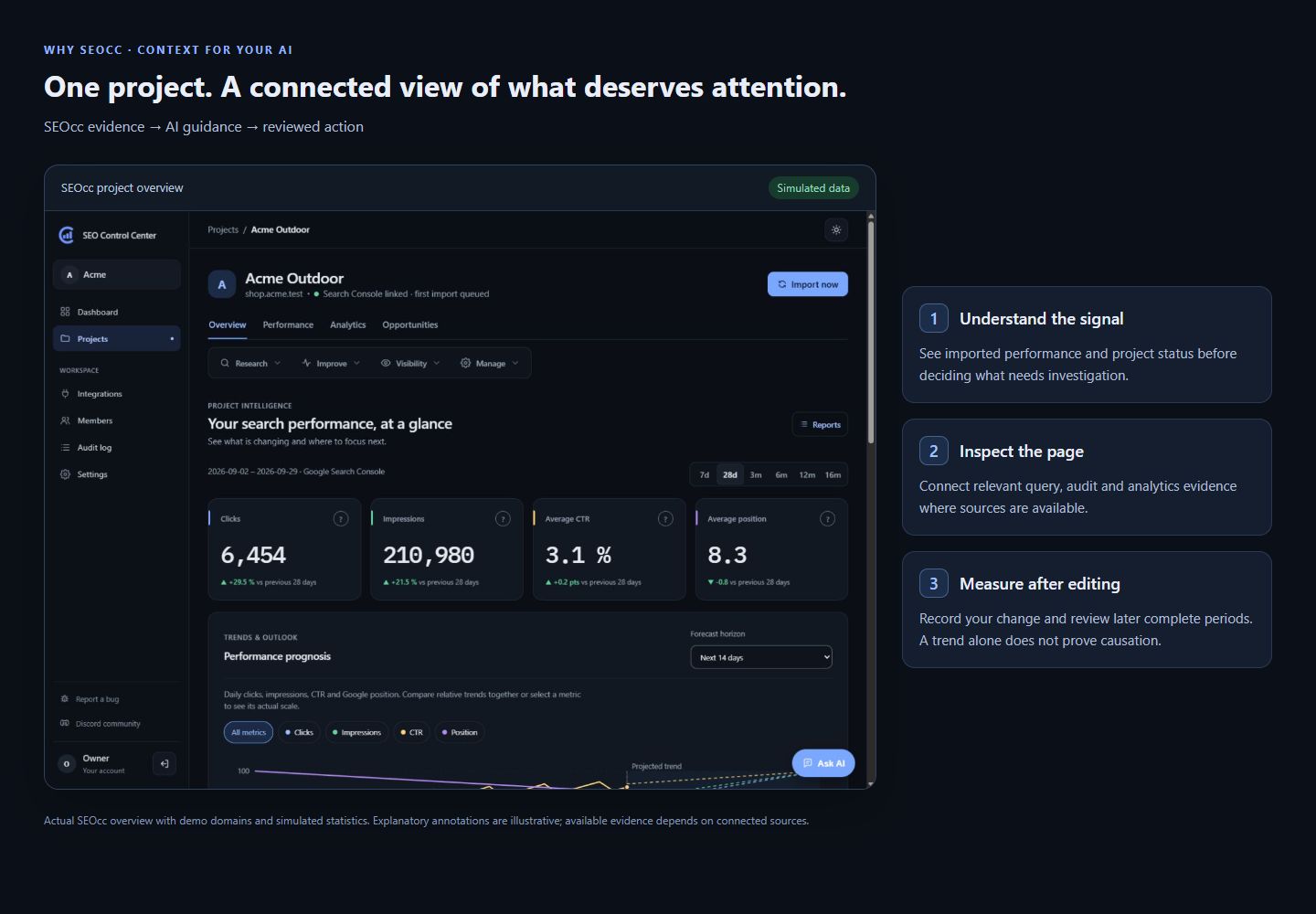 Real SEOcc overview with notes explaining signals page evidence and follow-up