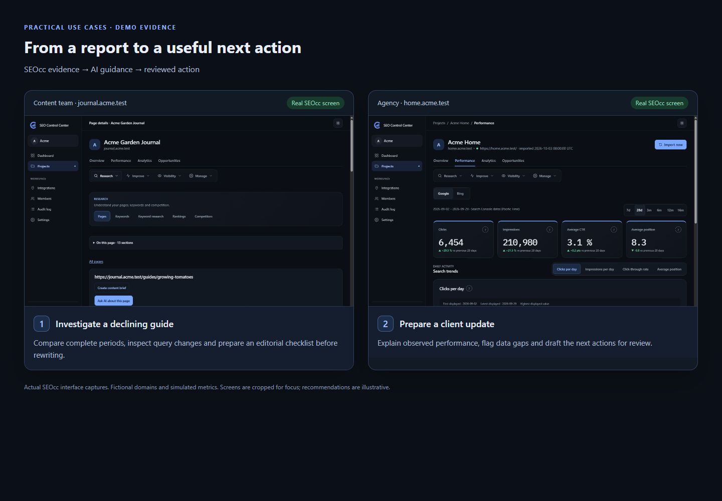 Real content and agency report screenshots with practical next actions