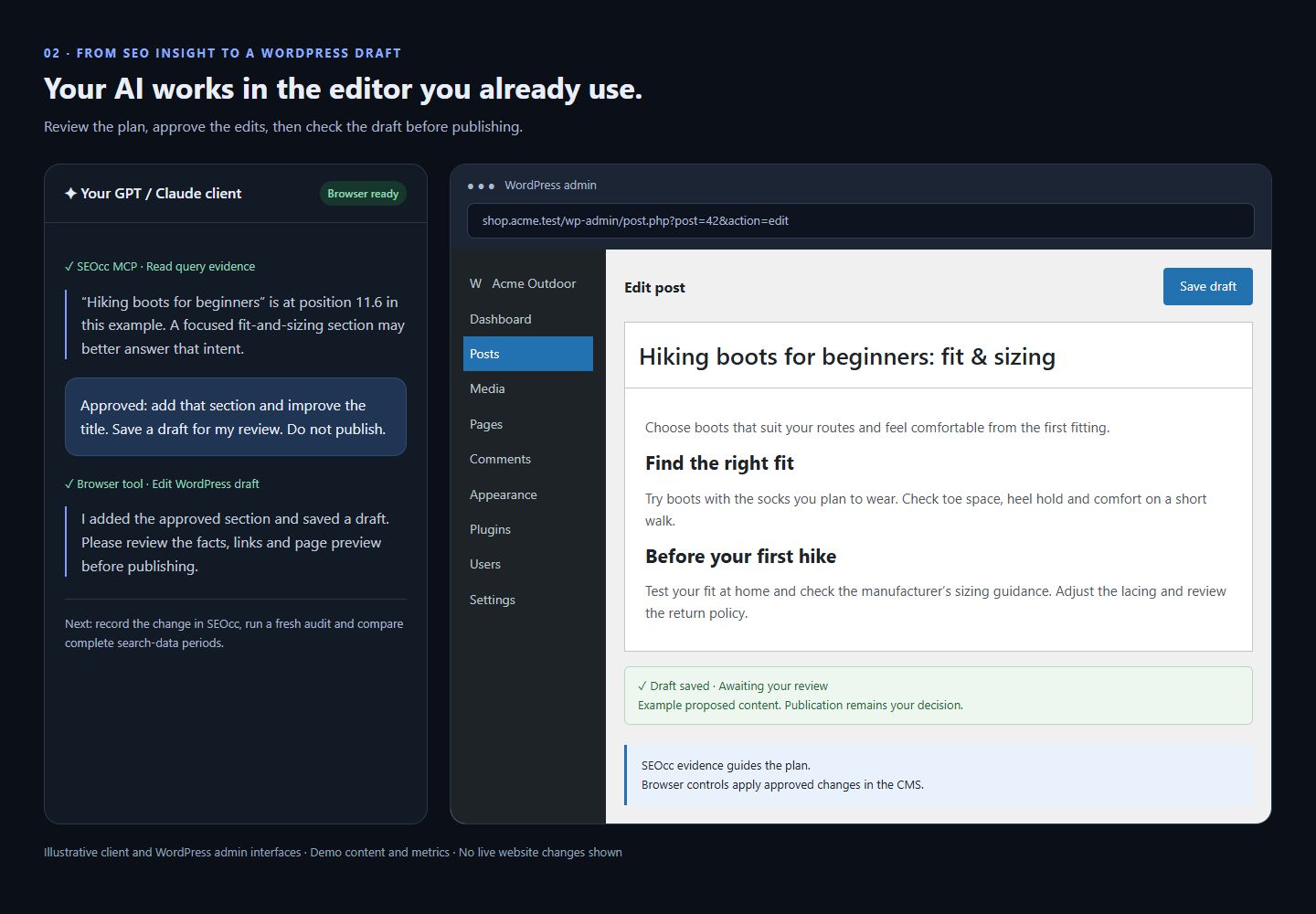 Illustrated AI client applying approved content edits and saving a draft in WordPress admin